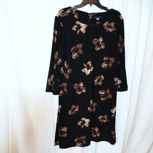 VTG Tommy Hilfiger Midi Dress Sz 16 3/4 Bell Sleeves Brown Floral Hidden Zipper